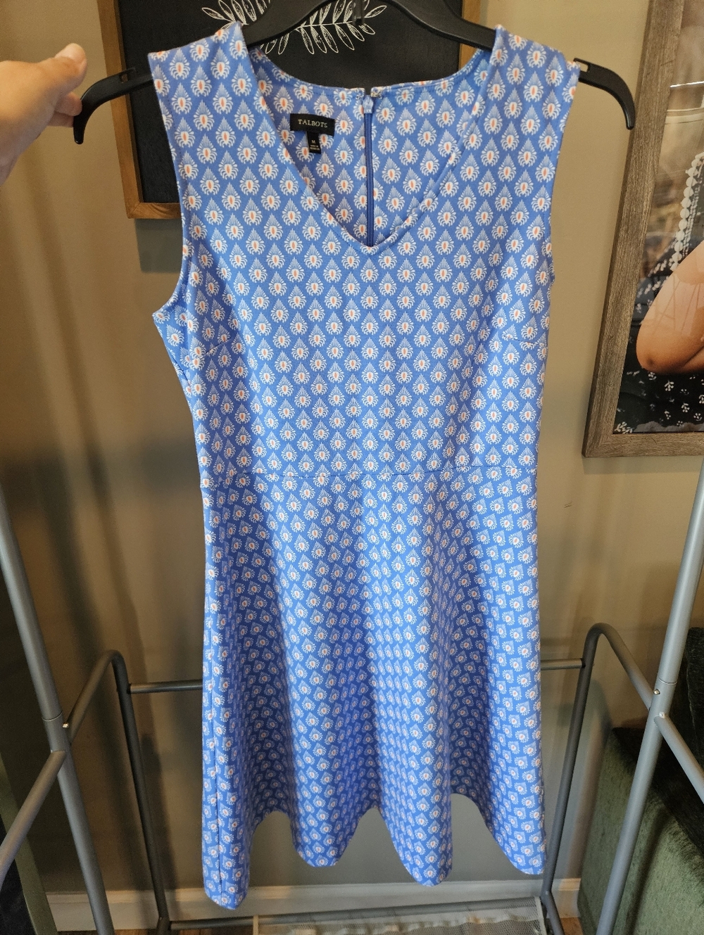 Talbots Fit Flare V-Neck Sleeveless Dress A-Line Blue With Paisley Orange Medium